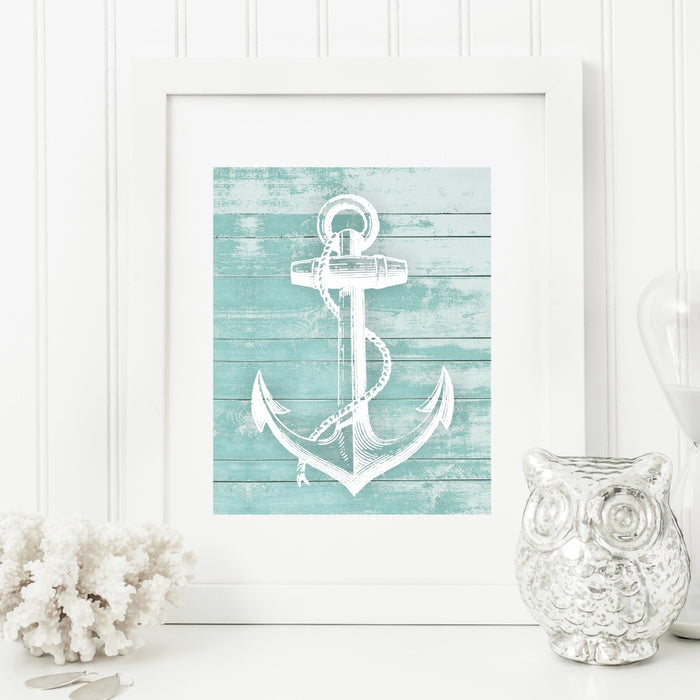 Anchor Wall Art in teal on a faux wood background