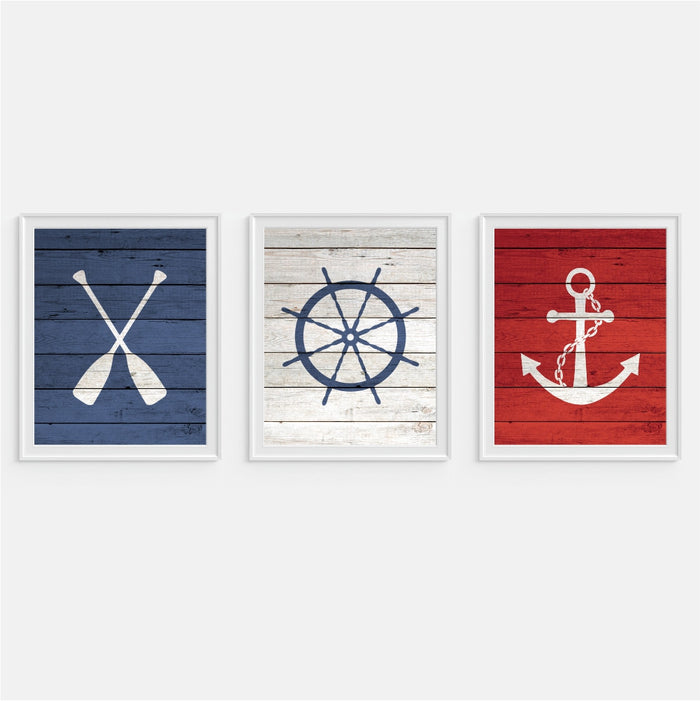 Nautical Art Prints Set of Three Oars Anchor Ship Wheel