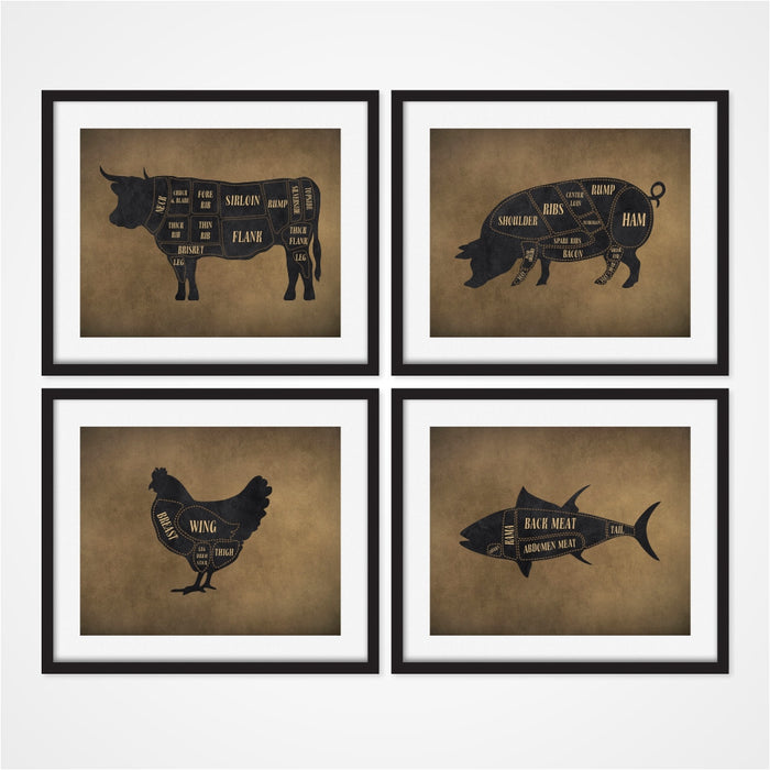 Butcher Art Prints Dark Brown Includes Cow Pig Chicken and Fish