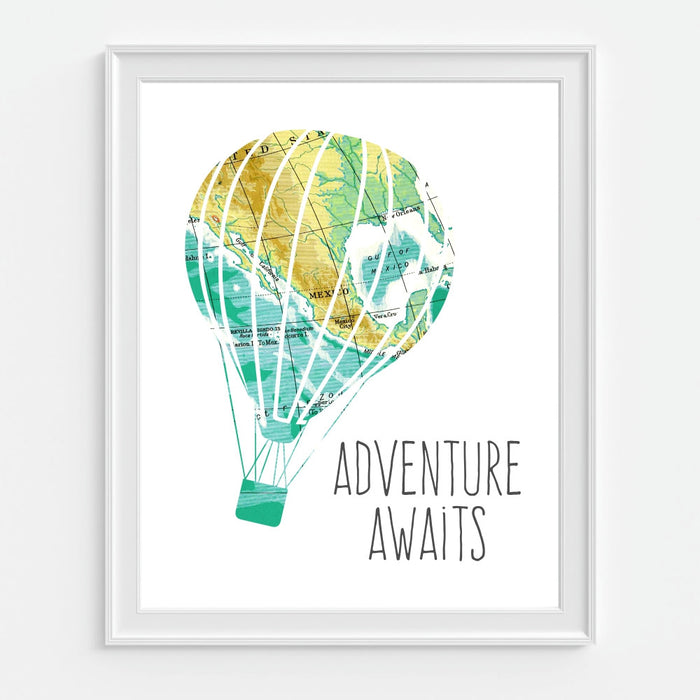 Adventure Awaits Wall Art Map Hot Air Balloon