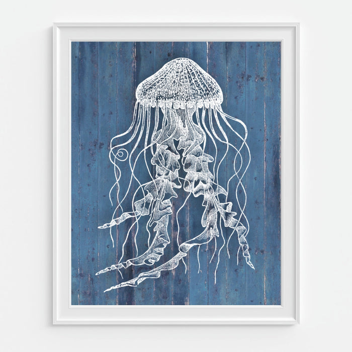 Jellyfish Art Print - Blue Faux Wood 