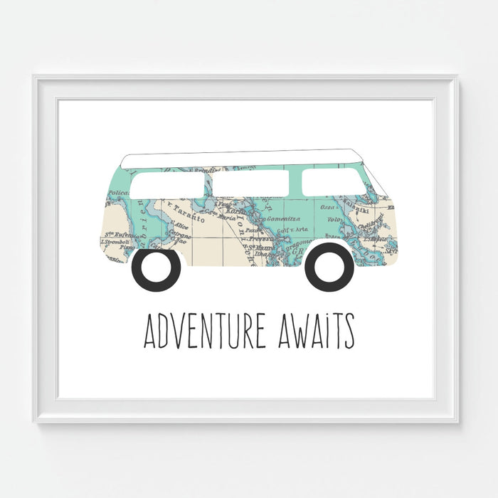 Adventure Awaits Van with Map Art Print