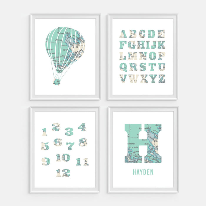 Monogram with map wall art includes hot air balloon the alphabet and numbers