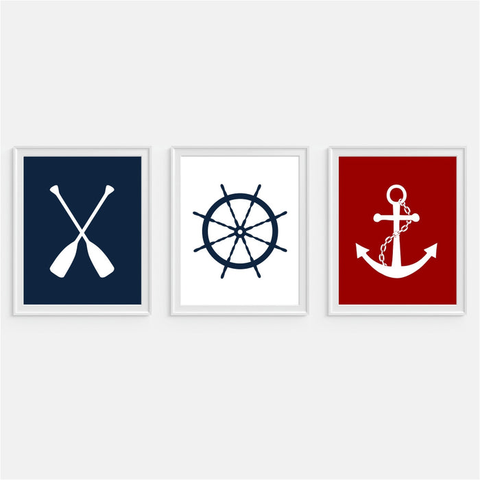 Anchor, Ship Wheel, Oars Art Print Red White and Blue Prints
