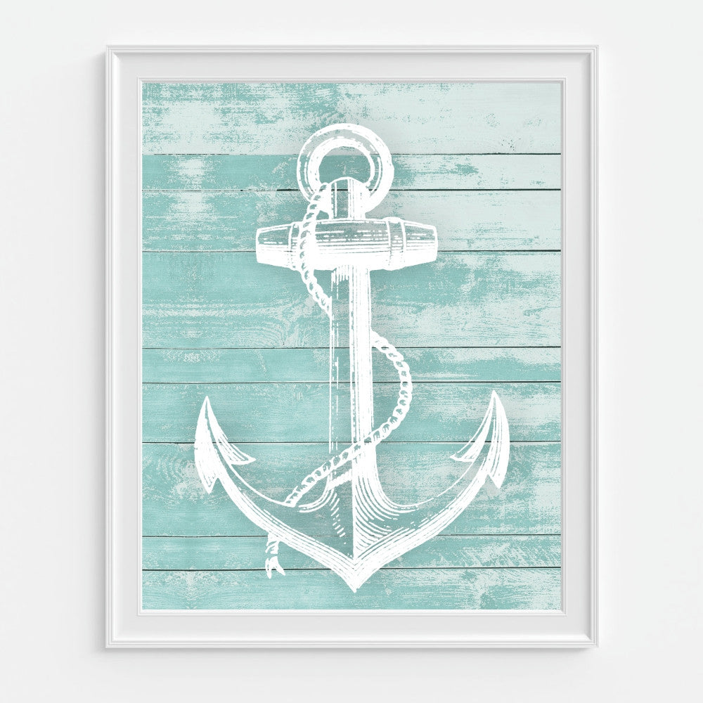 Anchor Art Print. Vintage Reproduction on a faux wood background in Teal. Coastal Decor, Beach Wall Art.