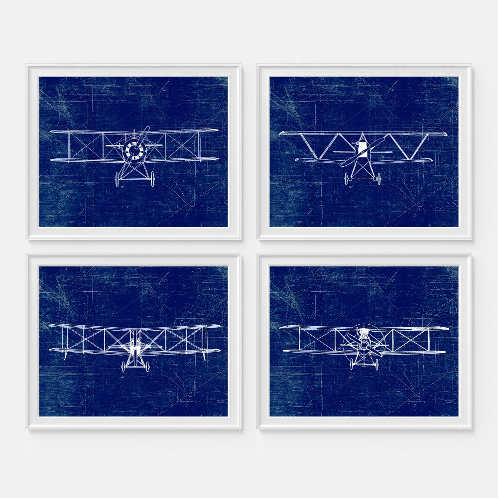 Aviation Wall Art Set of Four Blue Airplanes