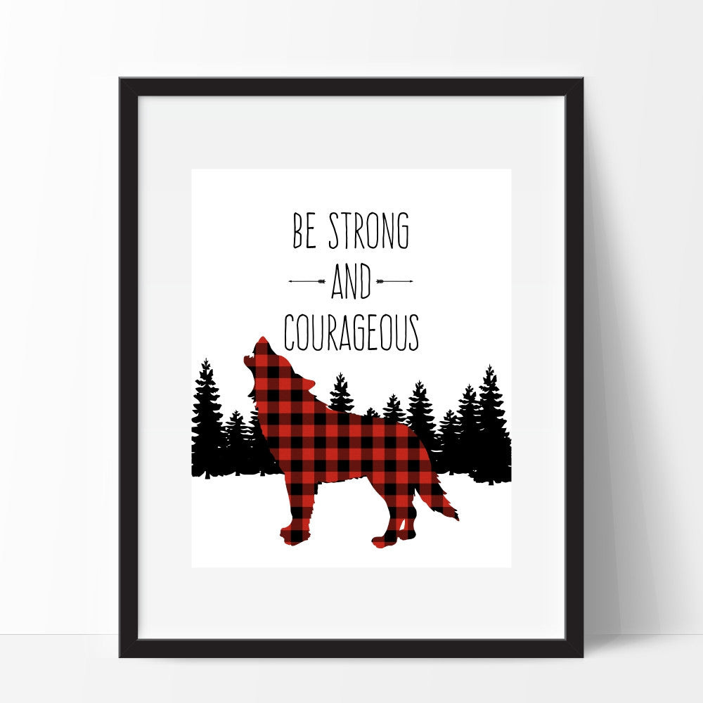 Be Strong And Courageous Wall Art Plaid Wolf