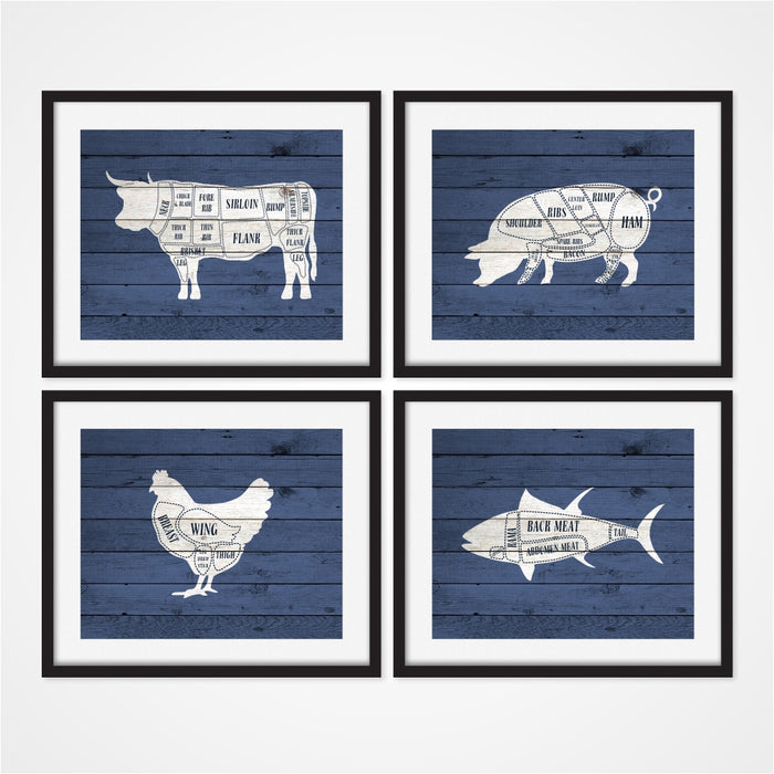 Butcher Wall Art in blue of cow pig chicken and fish