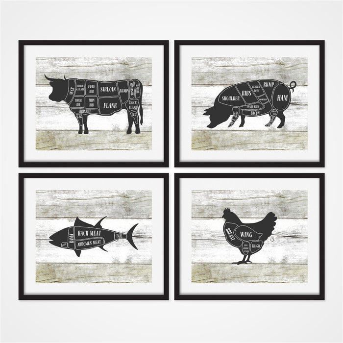 Butcher Art Prints Set of four includes cow, pig, chicken, and fish