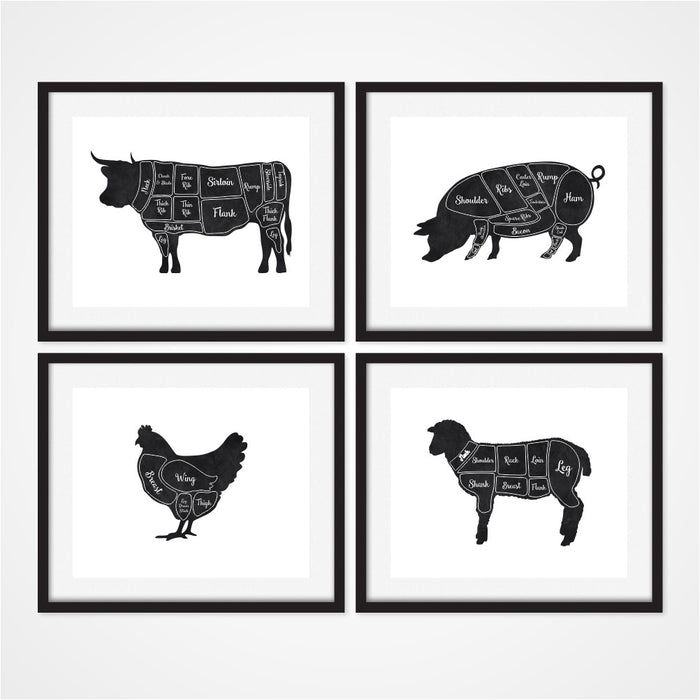 Butcher Art Prints includes Cow Pig Chicken and Lamb