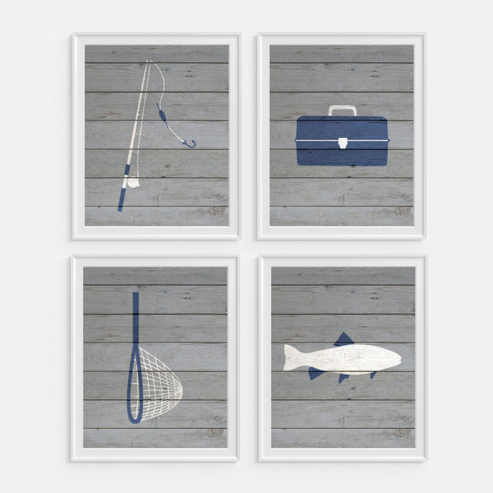 Fishing Art Prints includes fishing pole, tackle box, fishing net and fish