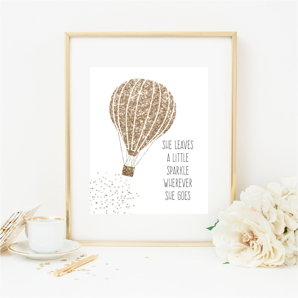 Gold Glitter Hot Air Balloon Wall Art Quote She Leaves A Little Sparkle Wherever She Goes