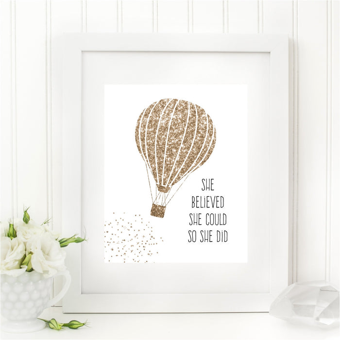 She Believed She Could So She Did Gold Art Print Glitter Hot Air Balloon