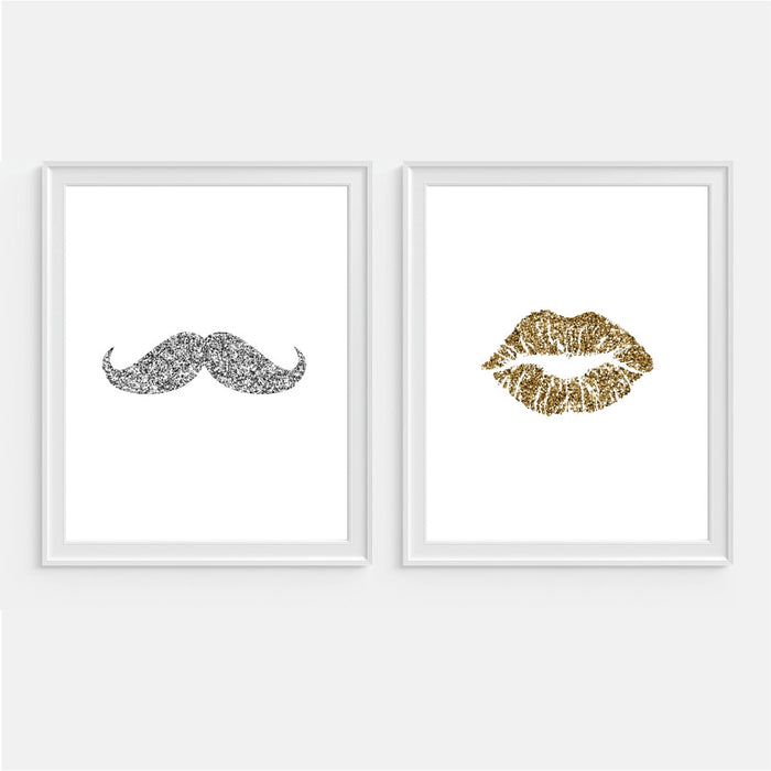 Glitter Mustache and Lips Bathroom Wall Art