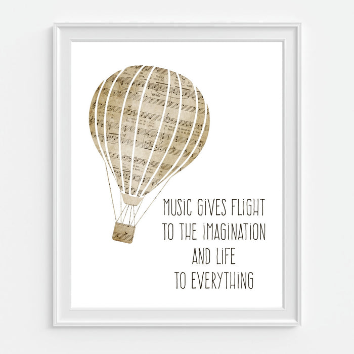 Hot Air Balloon Art Print with Plato Quote Music Gives Flight to the Imagination and Life To Everything