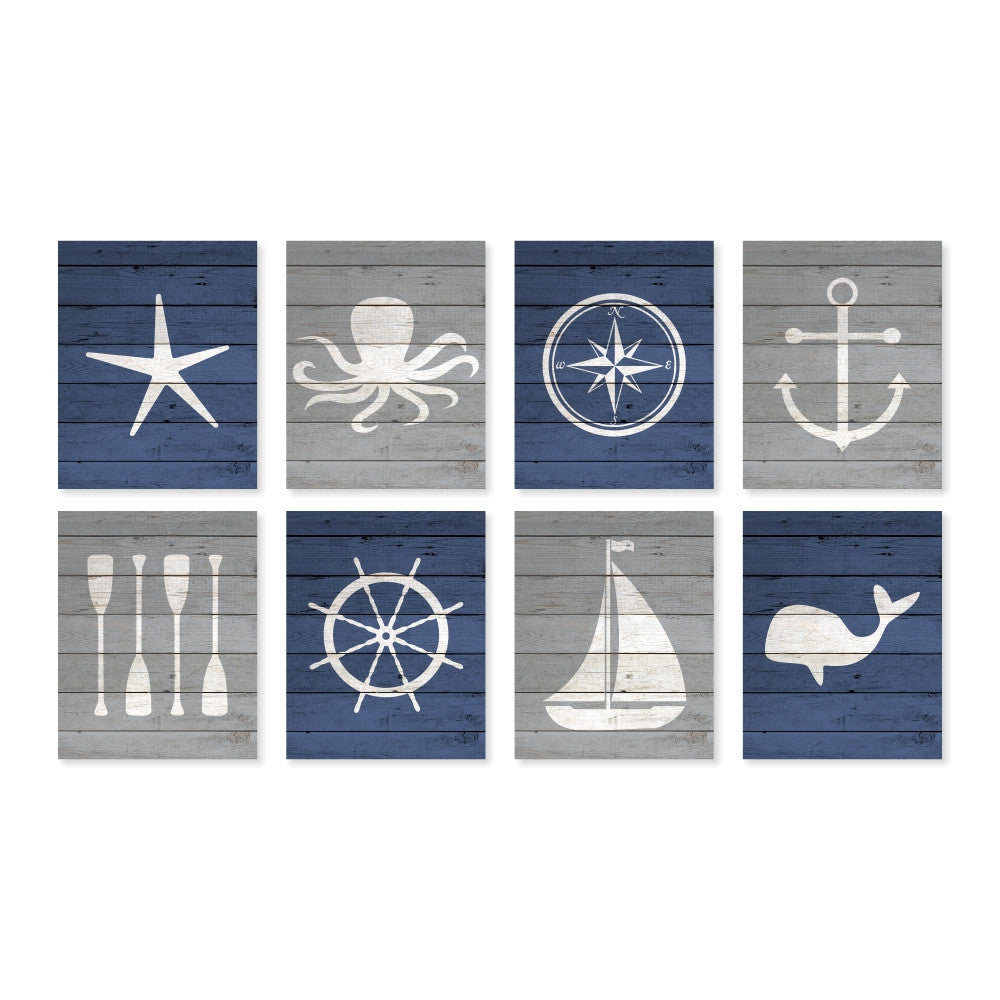 Childrens Nautical Wall Art includes starfish octopus compass anchor oars ship wheel whale