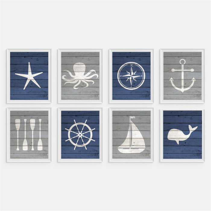 Set of Eight Childrens Nautical wall art starfish octopus compass anchor oars boat wheel whale