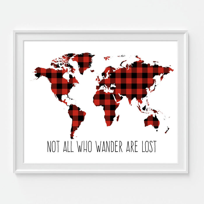 Not All Who Wander Are Lost World Map Red and Black Plaid