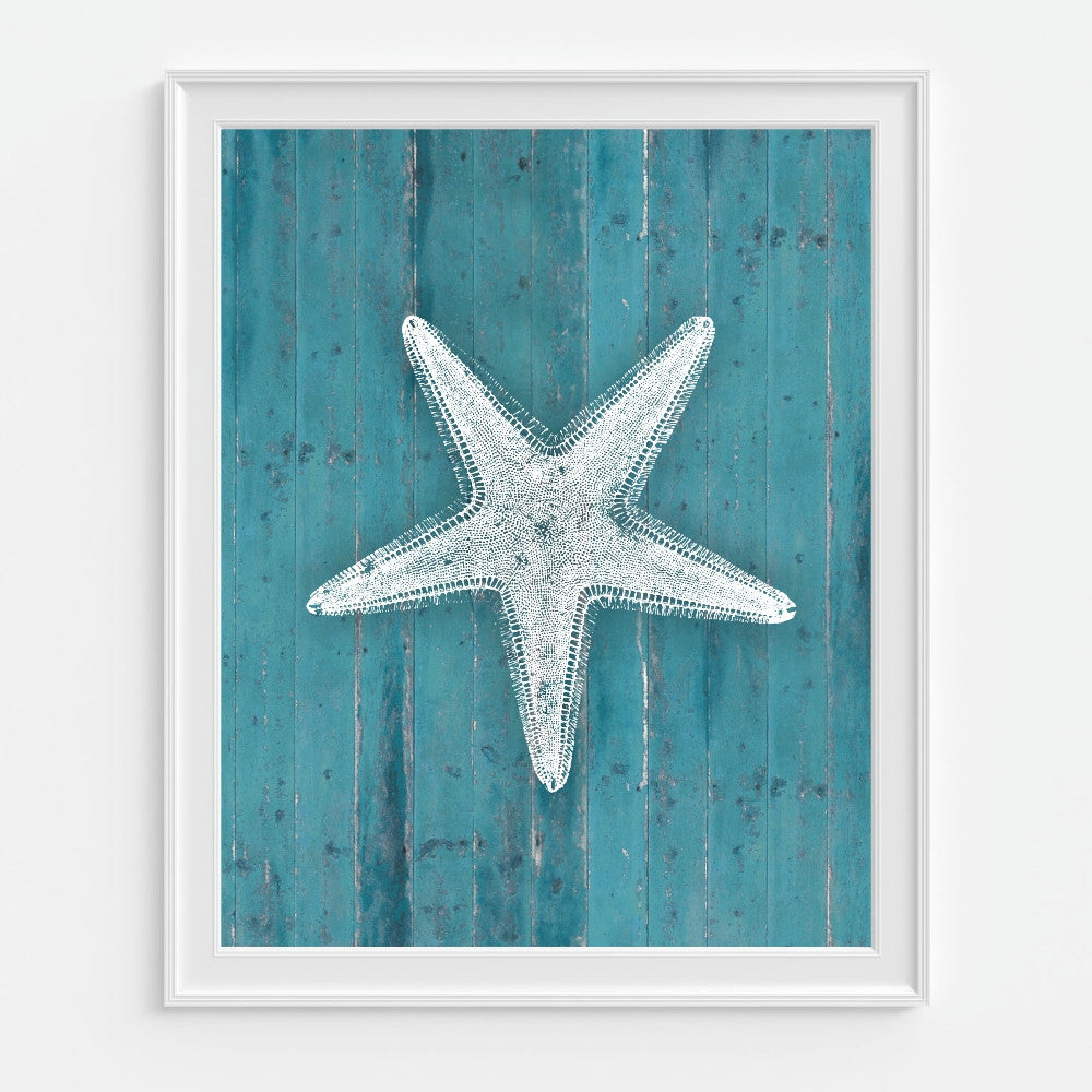 Starfish Art Print Dark Teal on a Faux Wood Background
