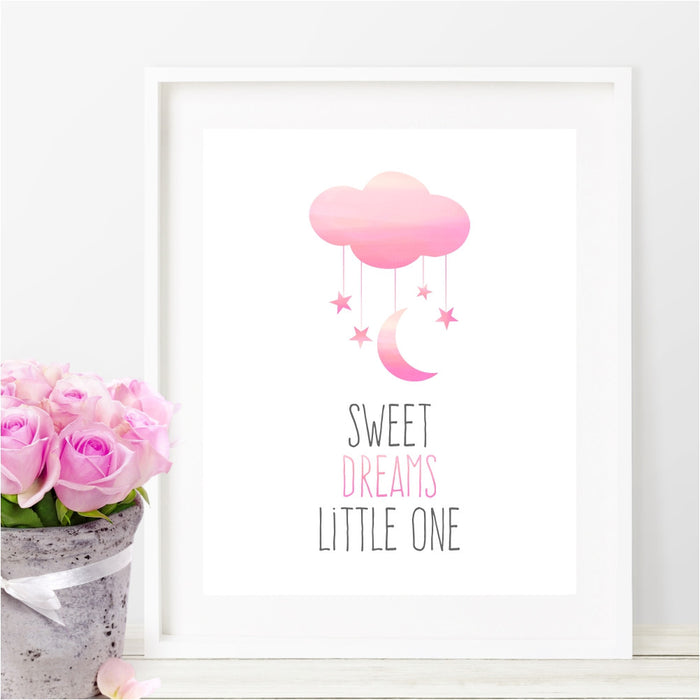 Sweet Dreams Little One Wall Art Pink Moon, Stars and Clouds