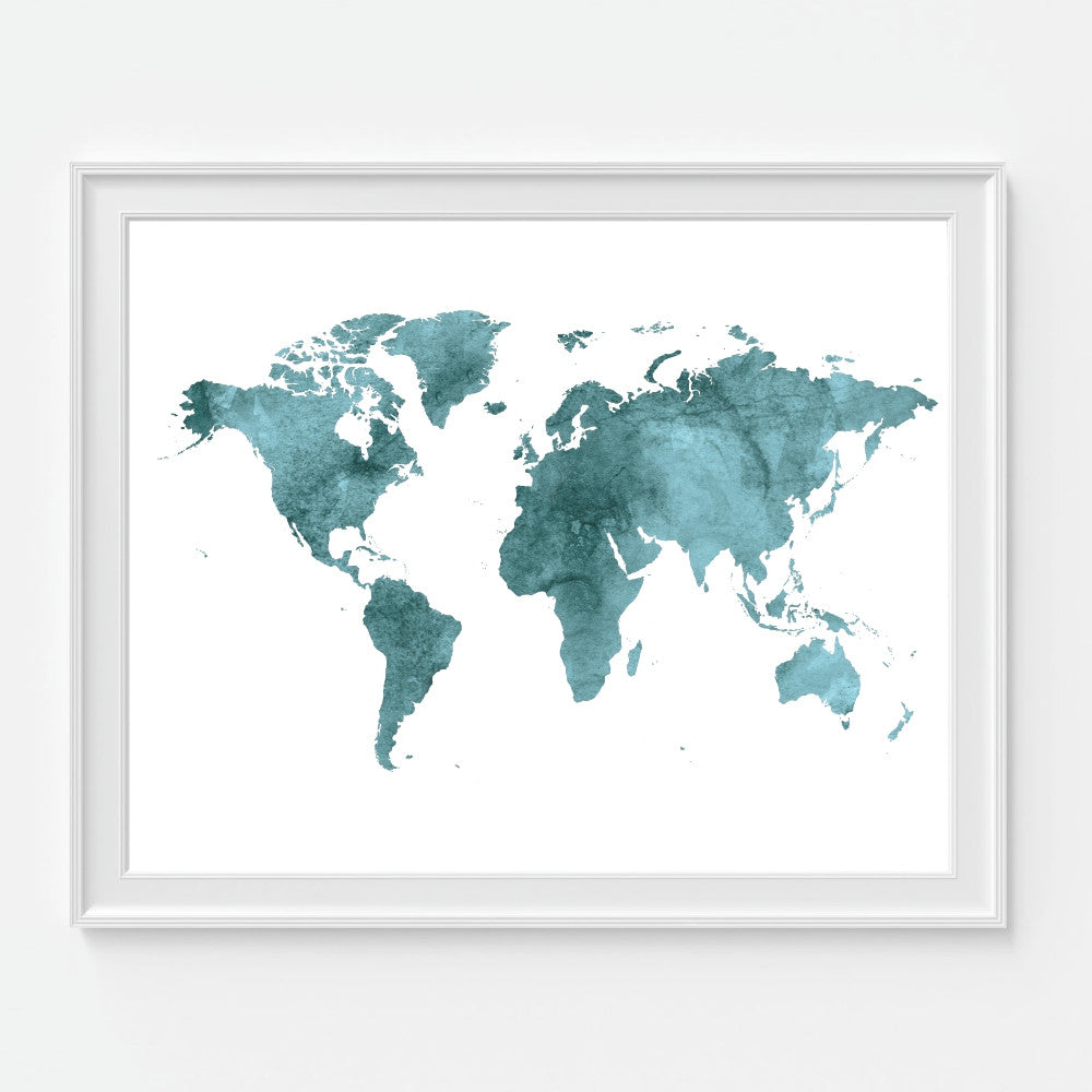 Teal Watercolor World Map Art Print