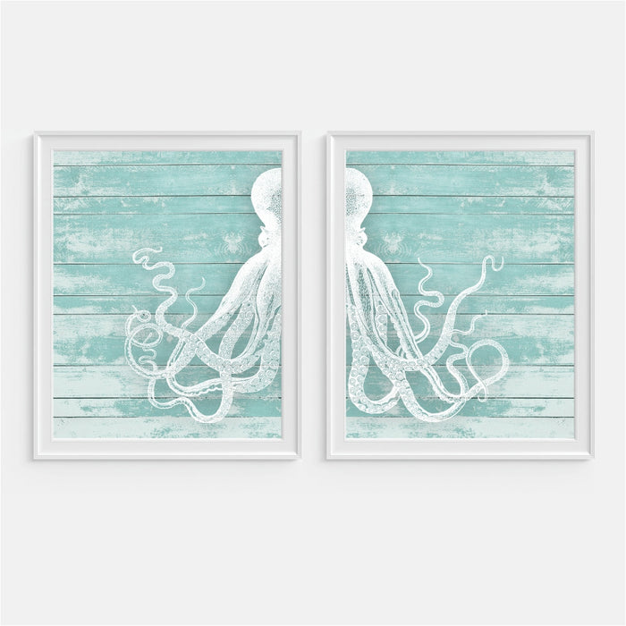 Octopus Wall Art. Set of Two Octopus split on a teal wood background.